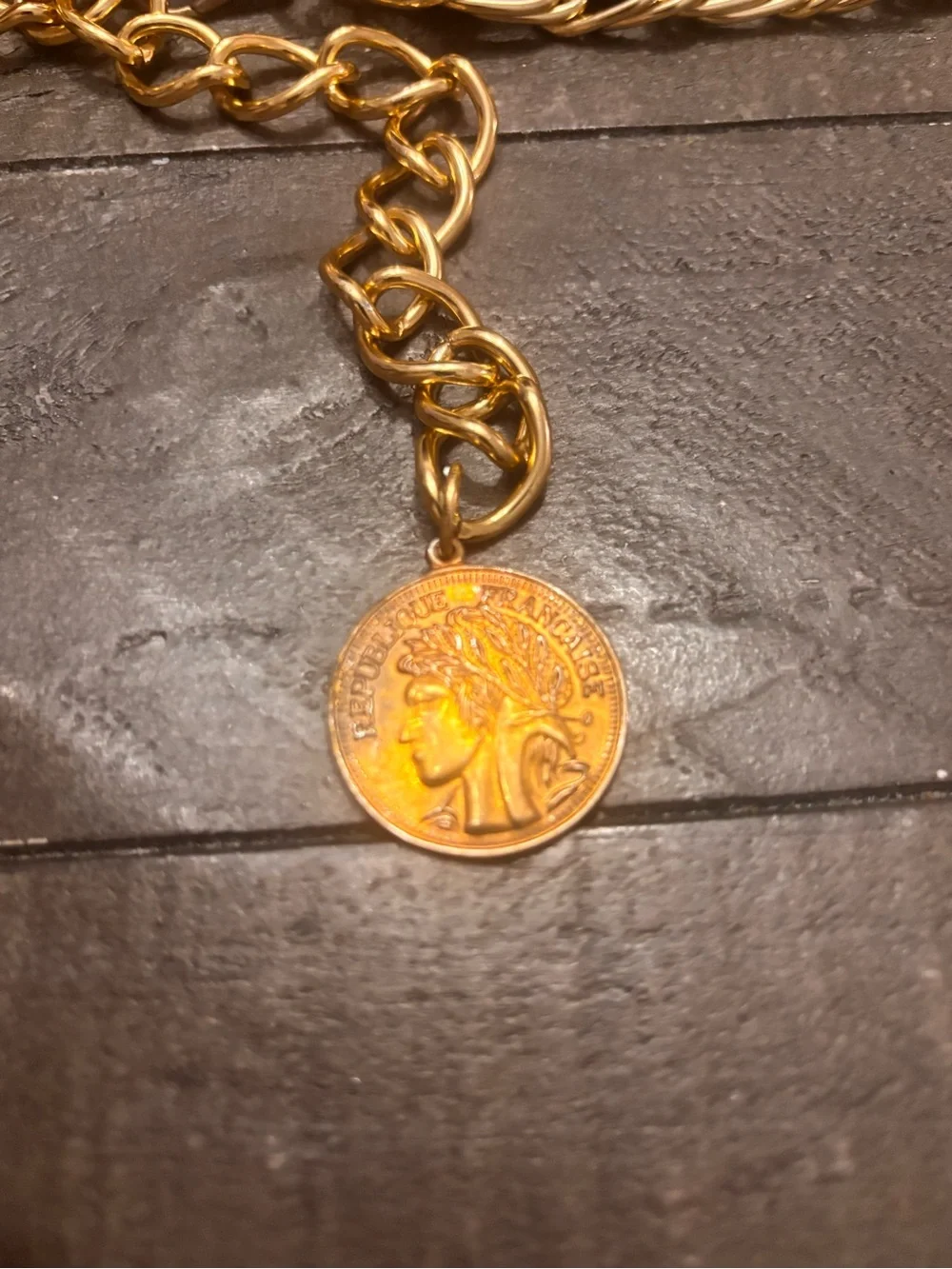 Vintage French Coin Chain Belt | Gold Woven Black Leather Medallion Waist Chain